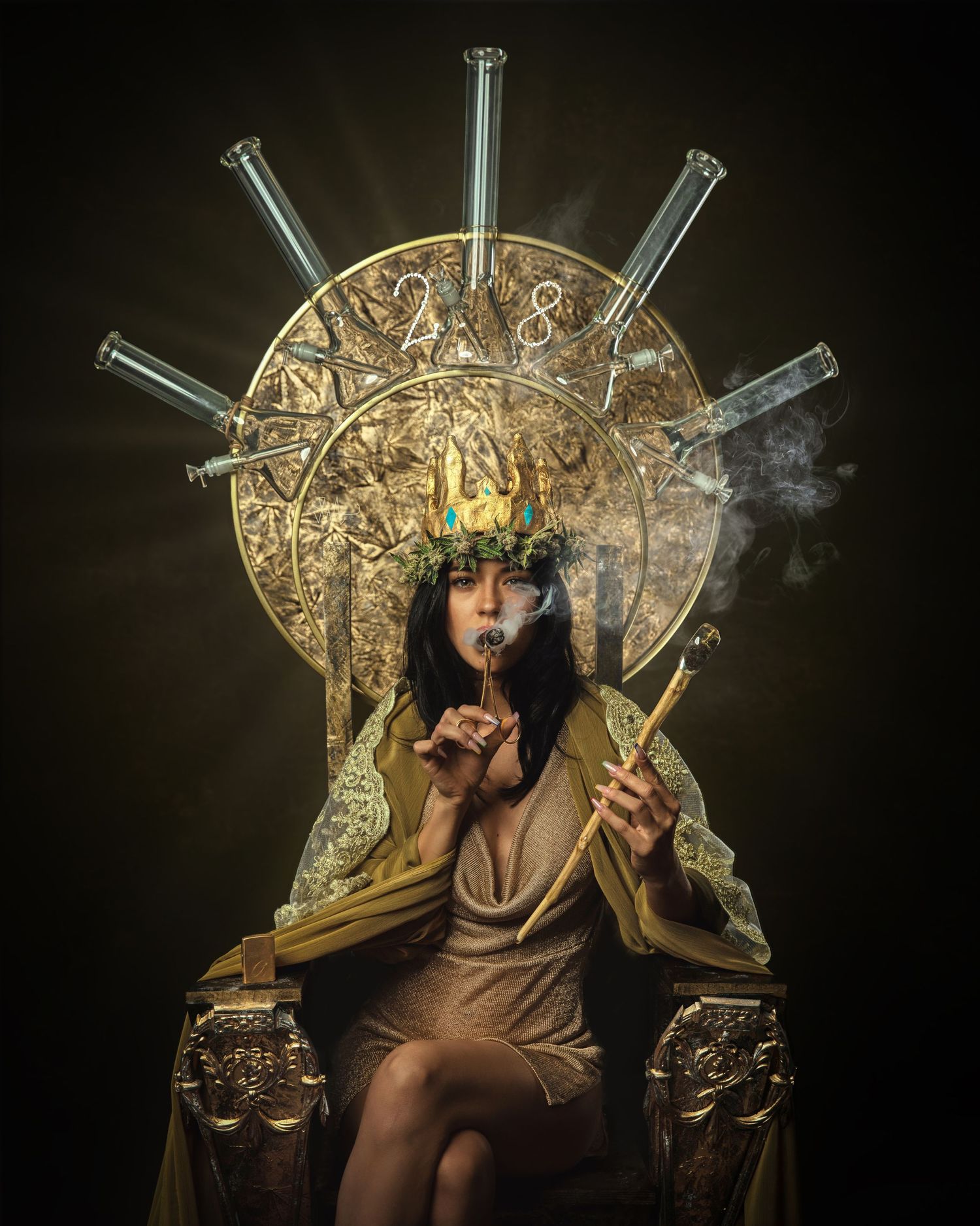 Artistic portrait of woman smoking on golden throne surrounded by glass pipes and bongs.