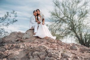 Wedding couple sits together on desert rock formation with desert flora in background.