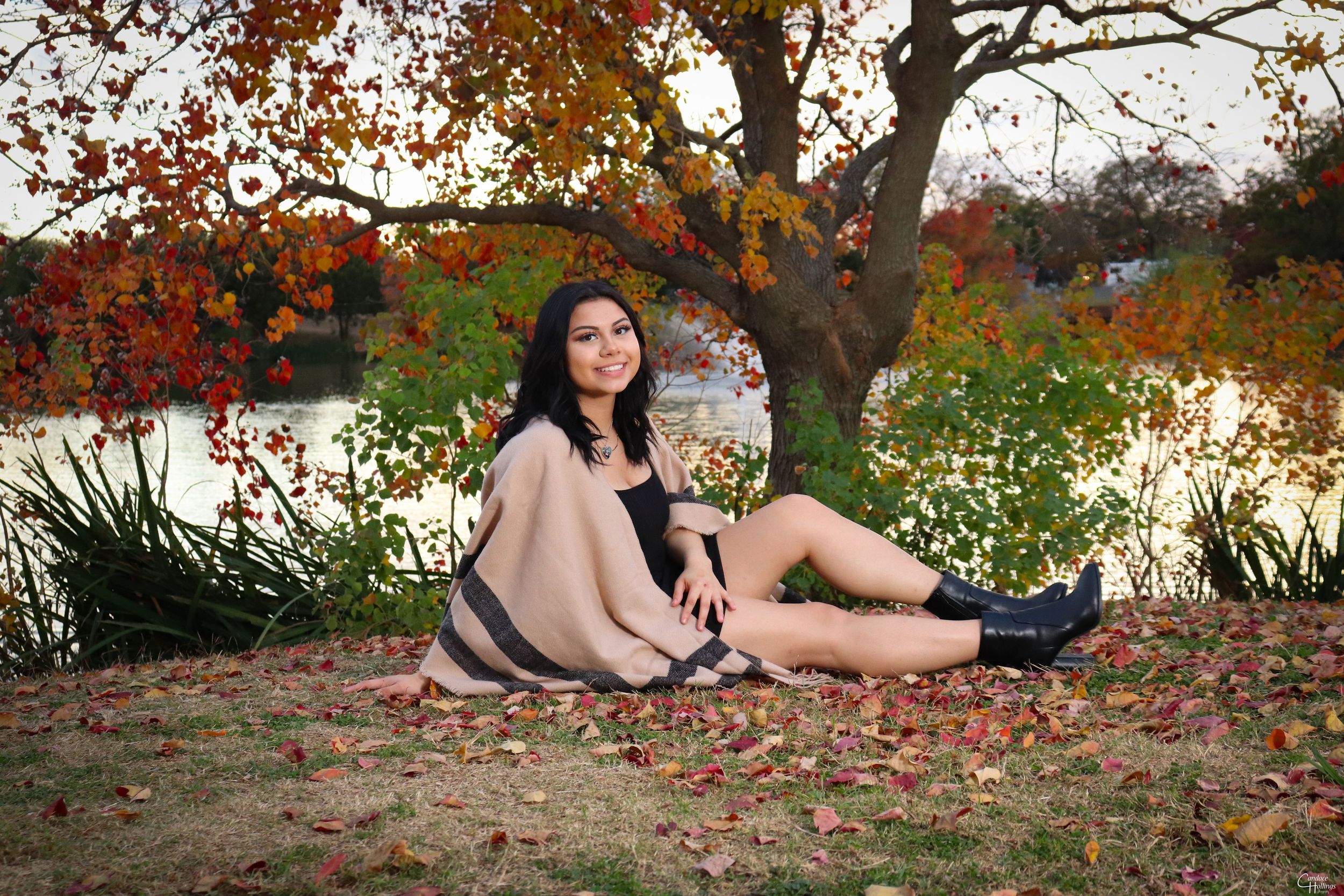 A tranquil autumn scene outdoors showing a peaceful moment by a lake with fallen leaves and trees.