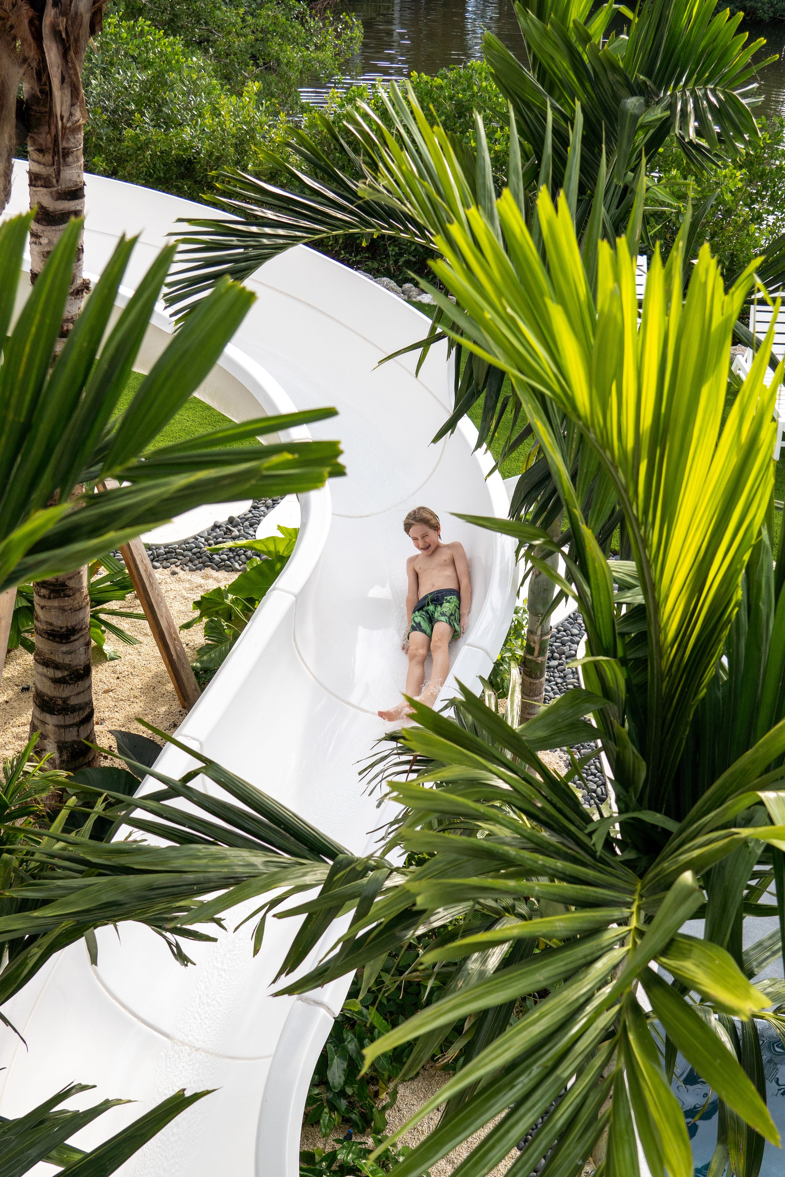 Young boy sliding down a white water slide surrounded by lush tropical palm trees and greenery.