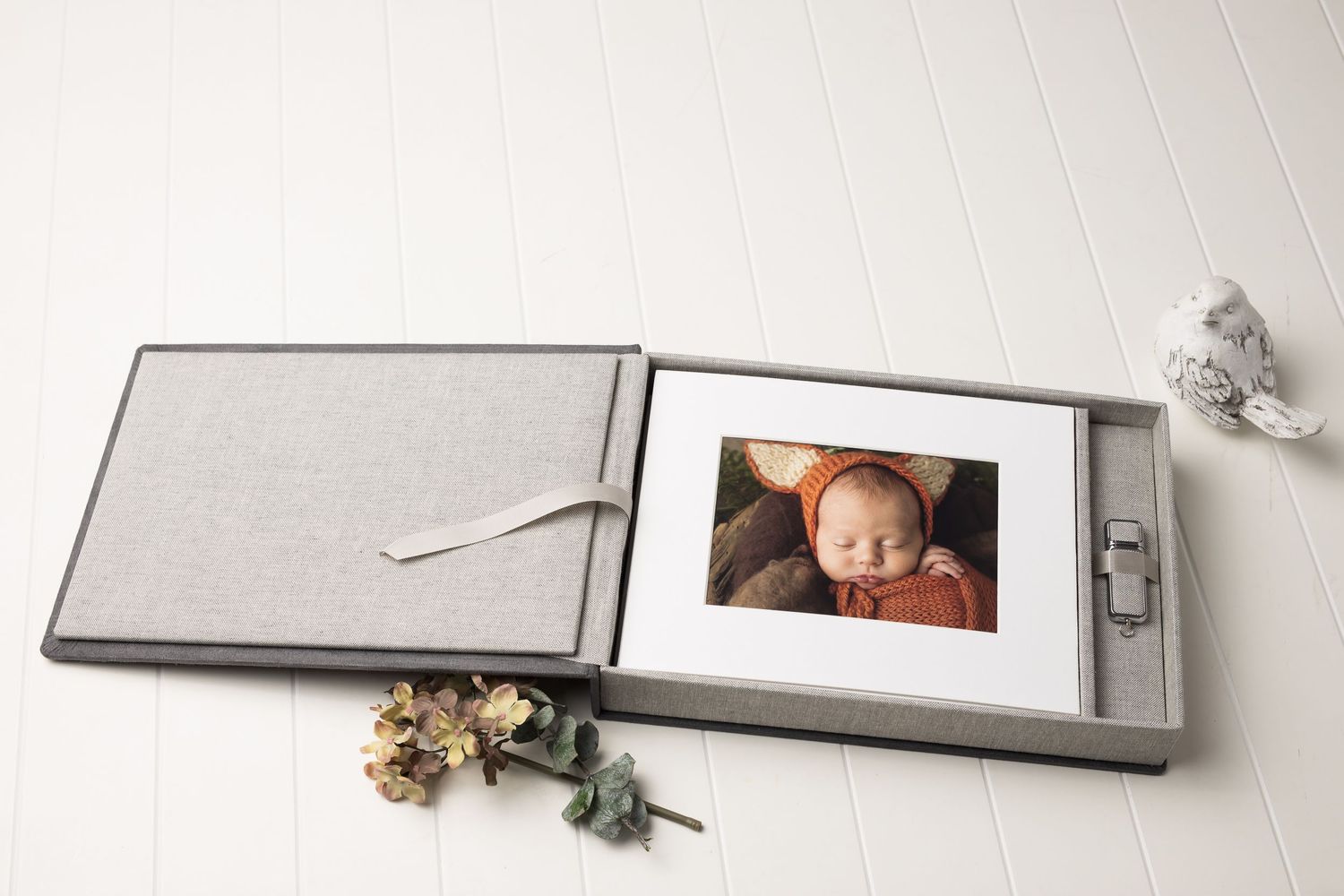 austin newborn photography suede photo folio box open baby fox portrait