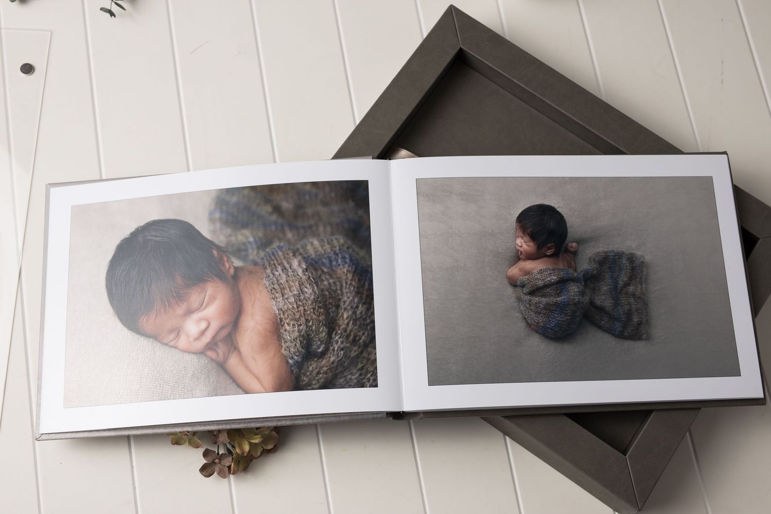 austin newborn photography heirloom album acrylic lid display box open spreads