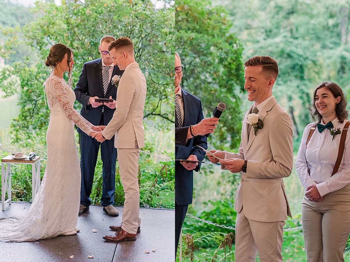 Groom reading vows and couple praying together during wedding ceremony