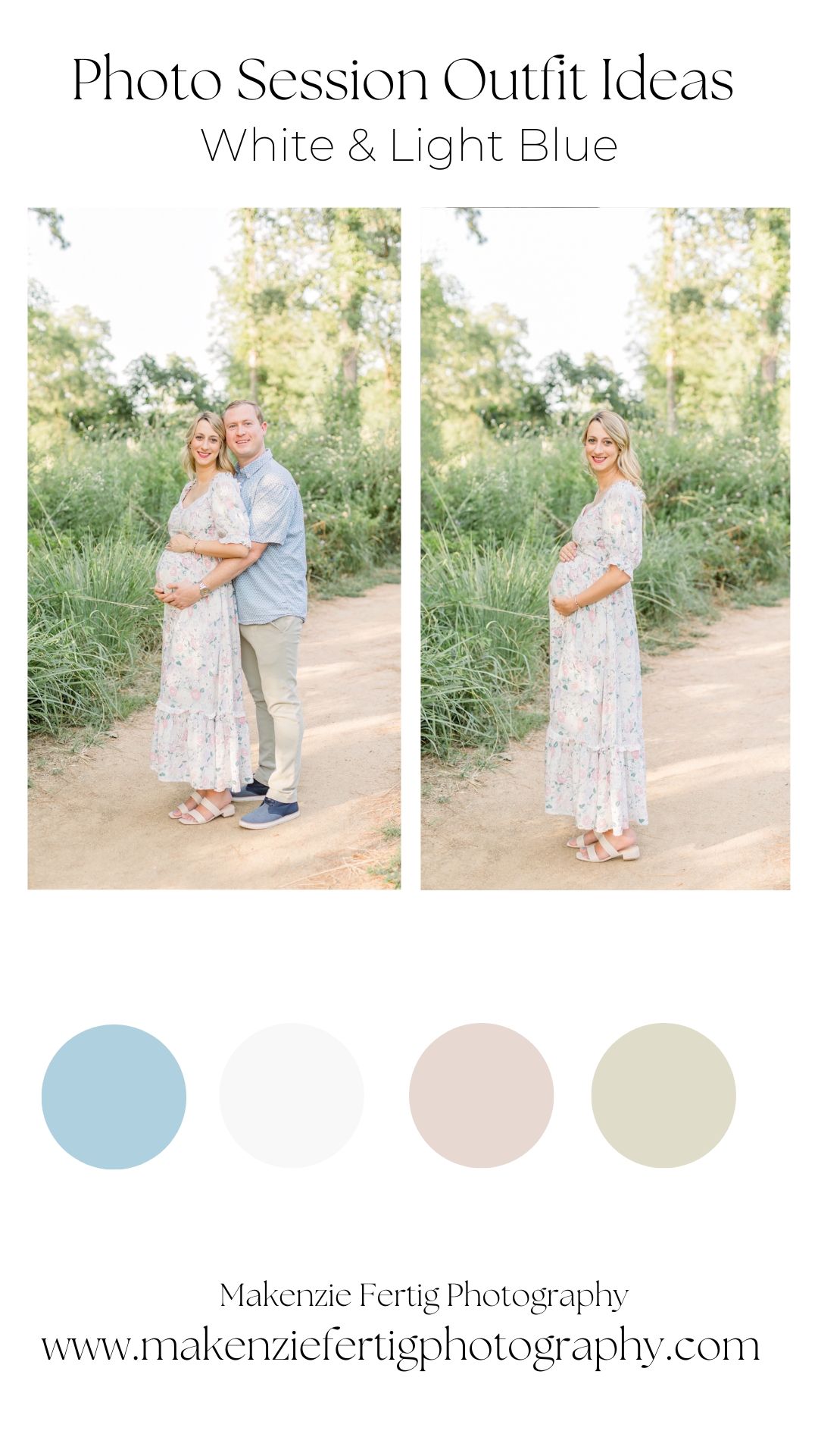 Photo session outfit guide showing white and light blue color palette with maternity portraits.