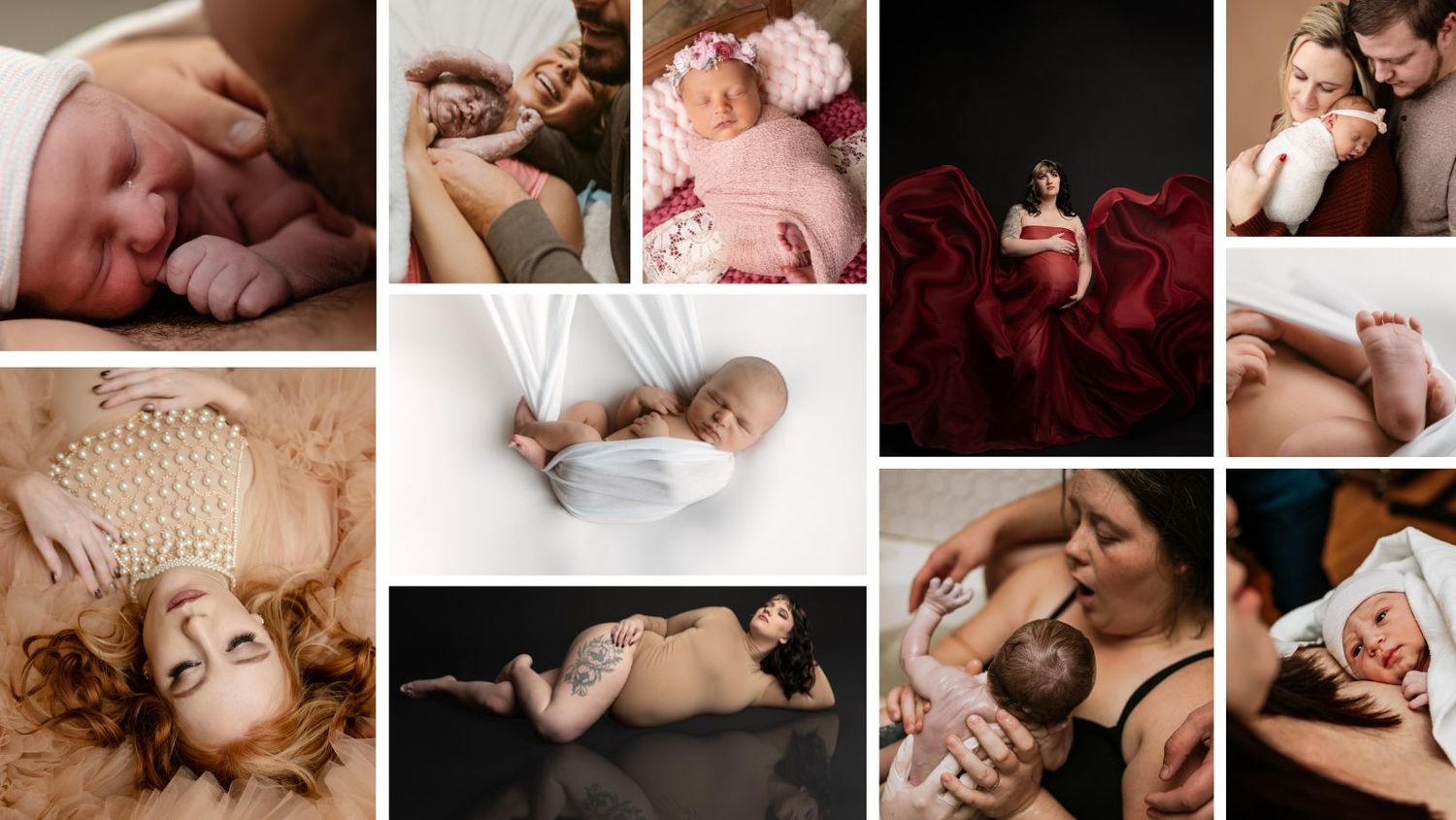 Collage of professional newborn and maternity photography in warm neutral tones.