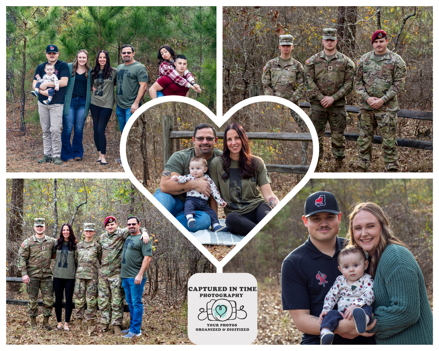 A photo collage of five pictures of a extended family session