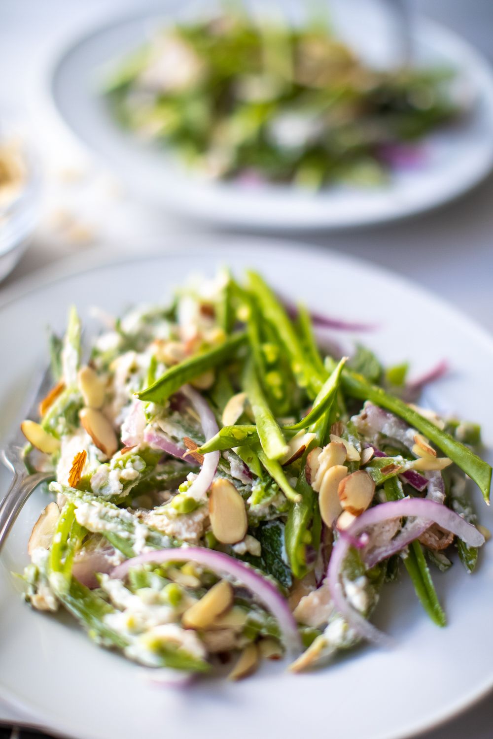 Fresh green salad with sliced almonds, red onions and creamy dressing on white plates.