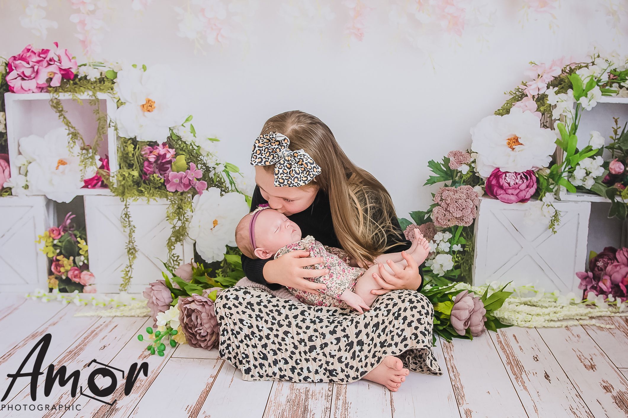 Floral photography setup with pink roses and white shelving against light backdrop.