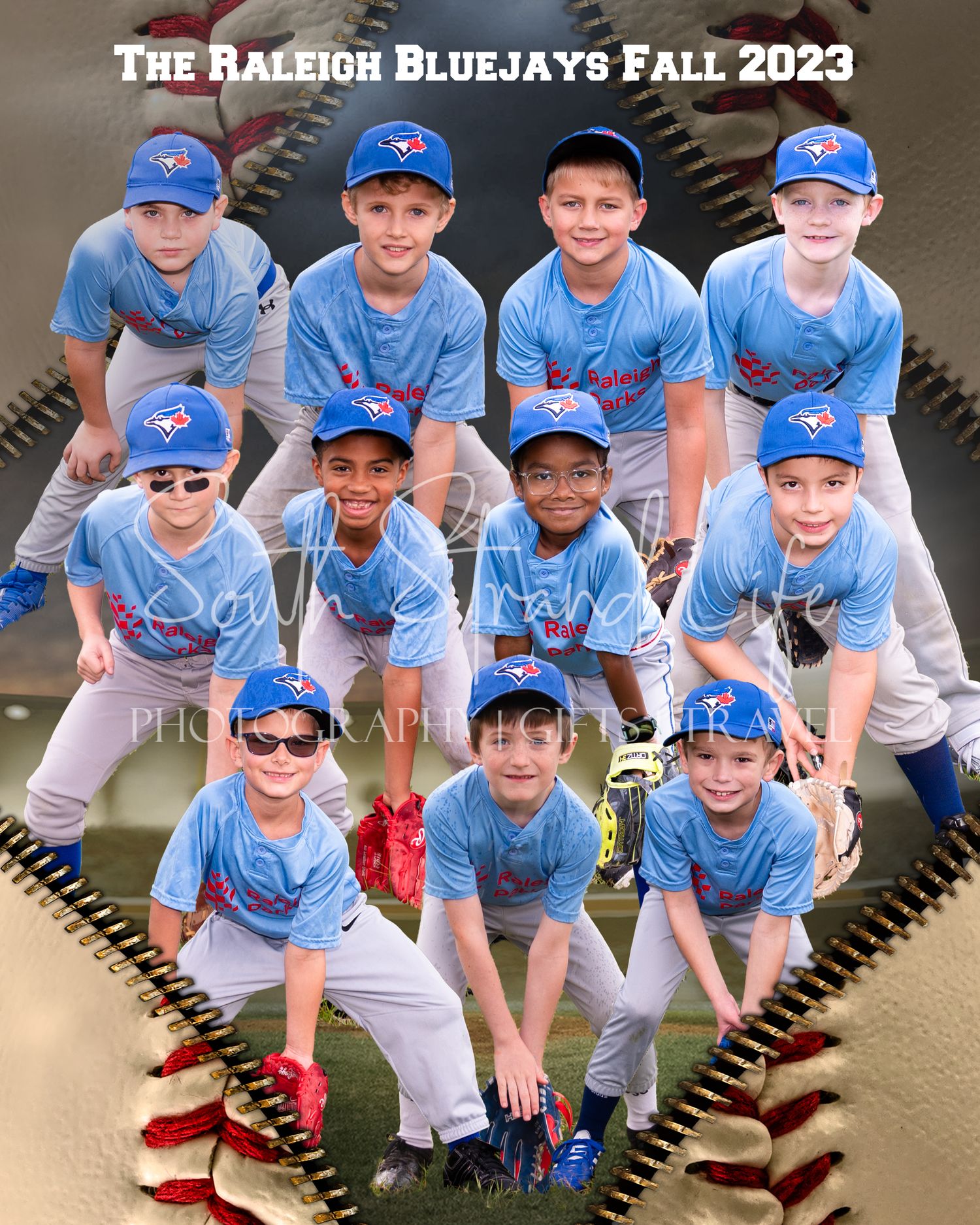 Youth baseball team photo of the Raleigh Bluejays in light blue uniforms arranged in three rows against baseball backdrop.