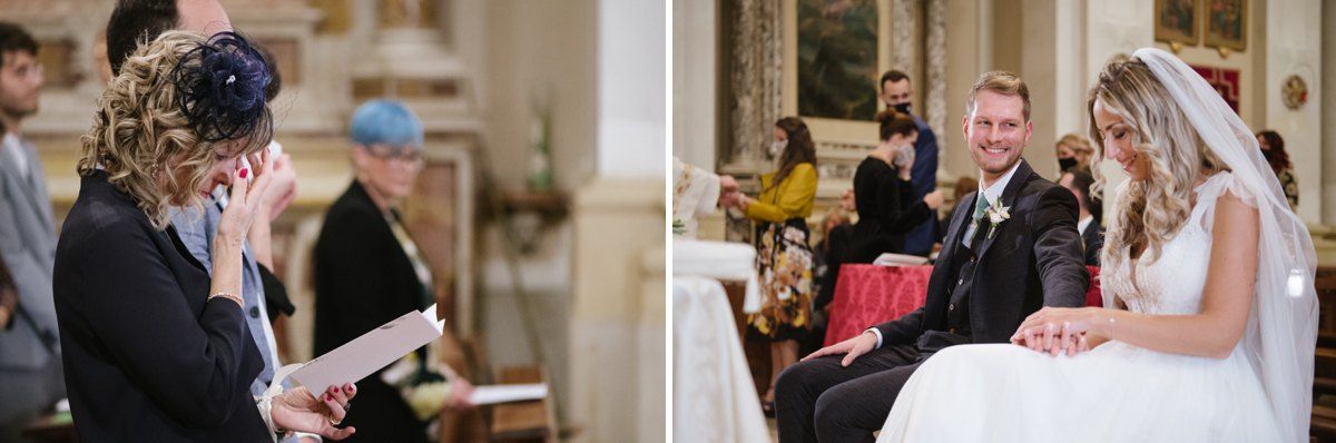 Couple exchanging heartfelt vows during their wedding ceremony in an elegant church.