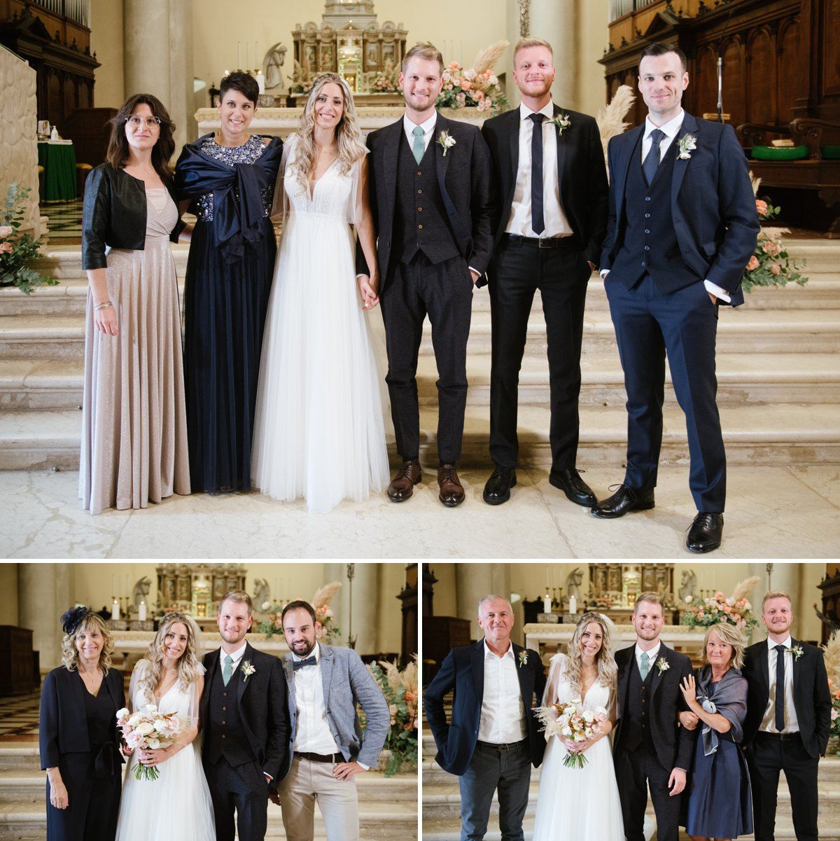 Wedding party poses for formal group photos on church steps in formal attire.
