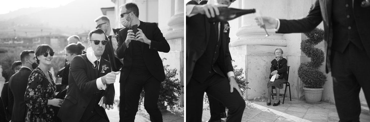Black and white candid shots capture emotional wedding moments in church setting.