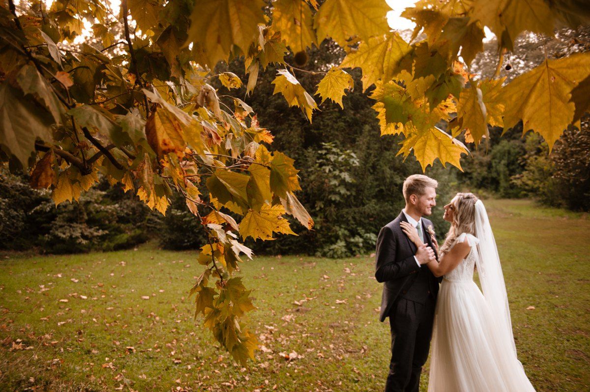 Wedding couple embraces under golden autumn leaves in garden setting.