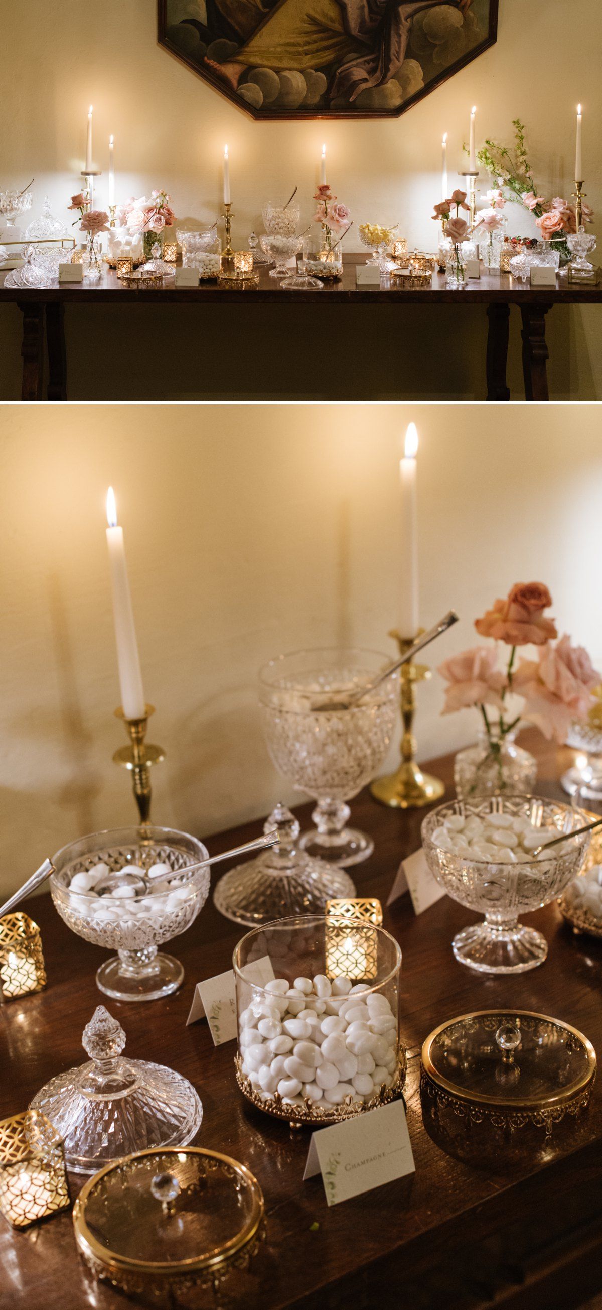 Elegant wedding dessert table with crystal dishes and candles creating romantic ambiance.