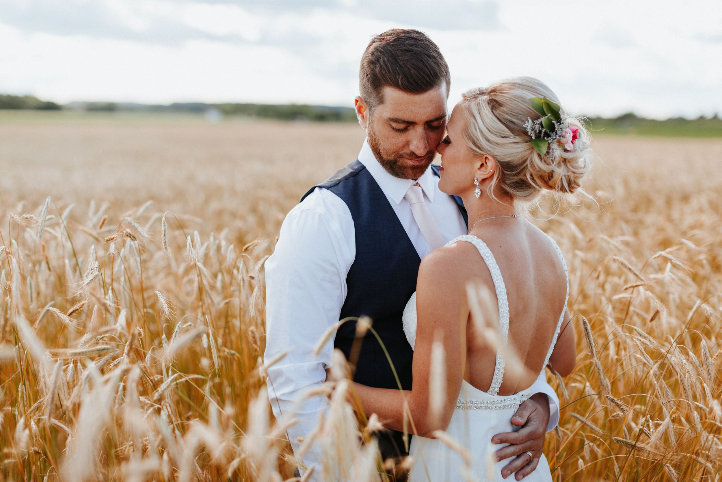 An intimate moment between newlyweds in a golden wheat field at sunset.