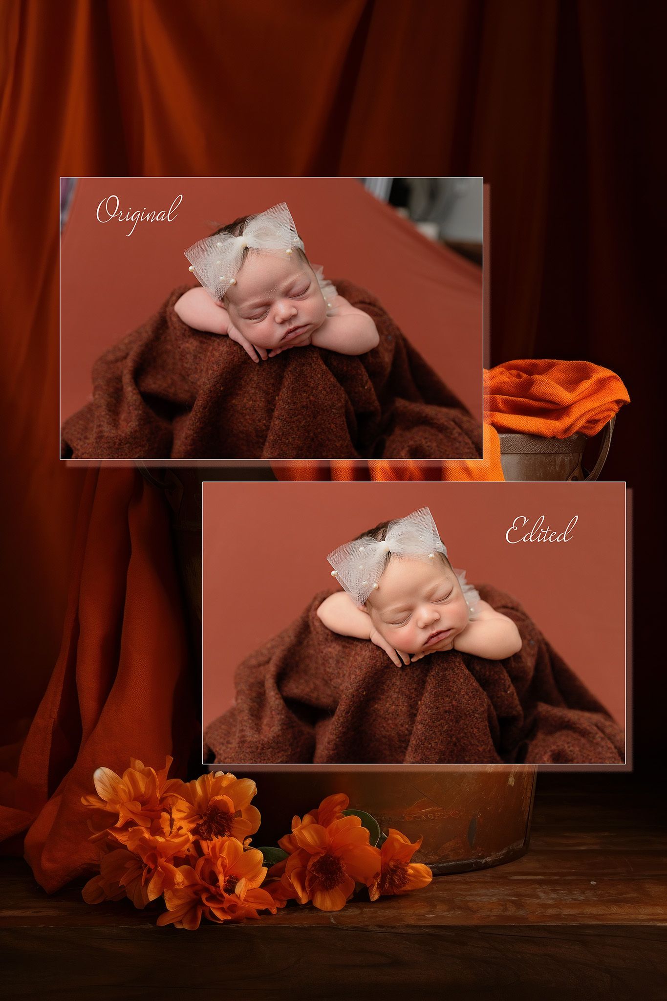 A before and after photo editing comparison showing a sleeping baby in brown blanket with orange flowers on wooden surface.