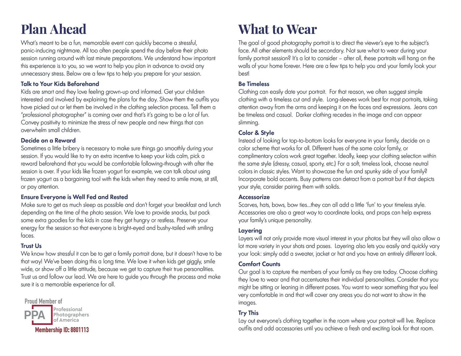 Printed page showing text instructions for "Plan Ahead" and "What to Wear" sections.