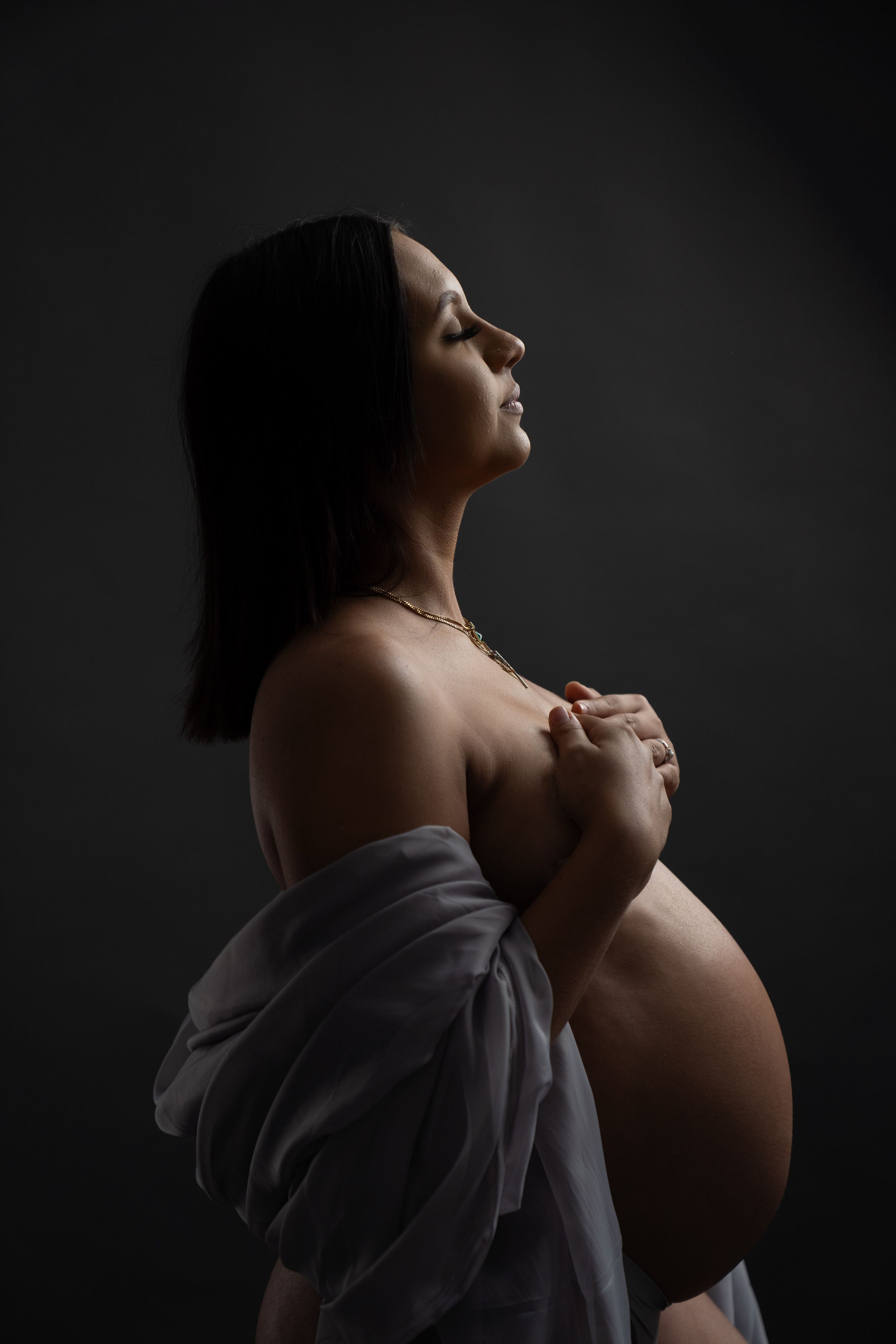 Artistic side profile maternity portrait in dramatic lighting and draped fabric.
