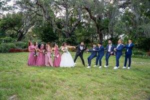 Wedding party poses playfully on a grassy lawn with bridesmaids in pink and groomsmen in blue suits.