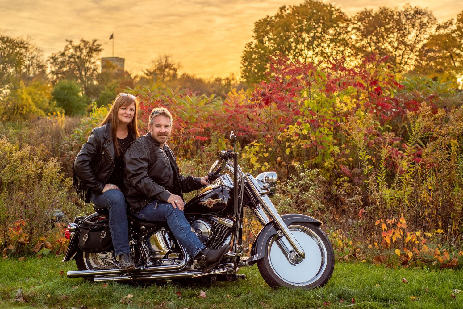 motorcycle couple leather sunset nature glow love photo Geneva