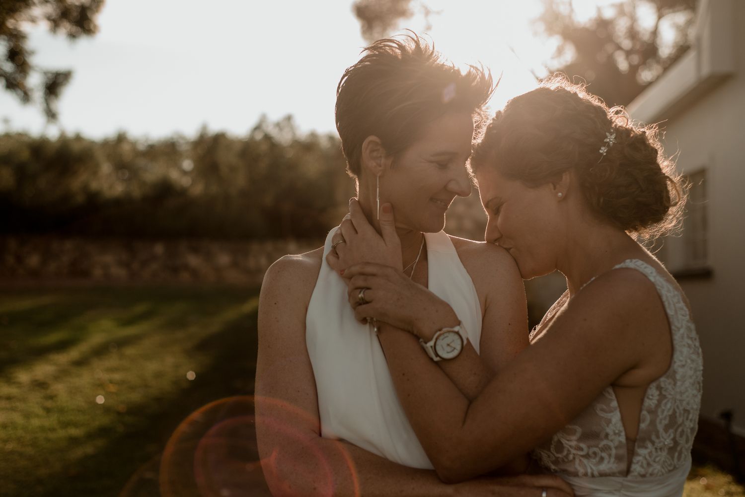 Romantic Wedding Portrait of couple during golden hour with soft warm rays of sunlight  – Romantic Couple Photography