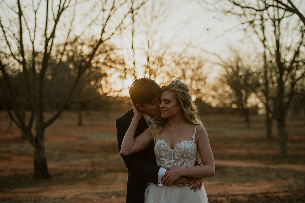 Romantic Wedding Portrait of couple during golden hour with soft warm rays of sunlight  – Romantic Couple Photography