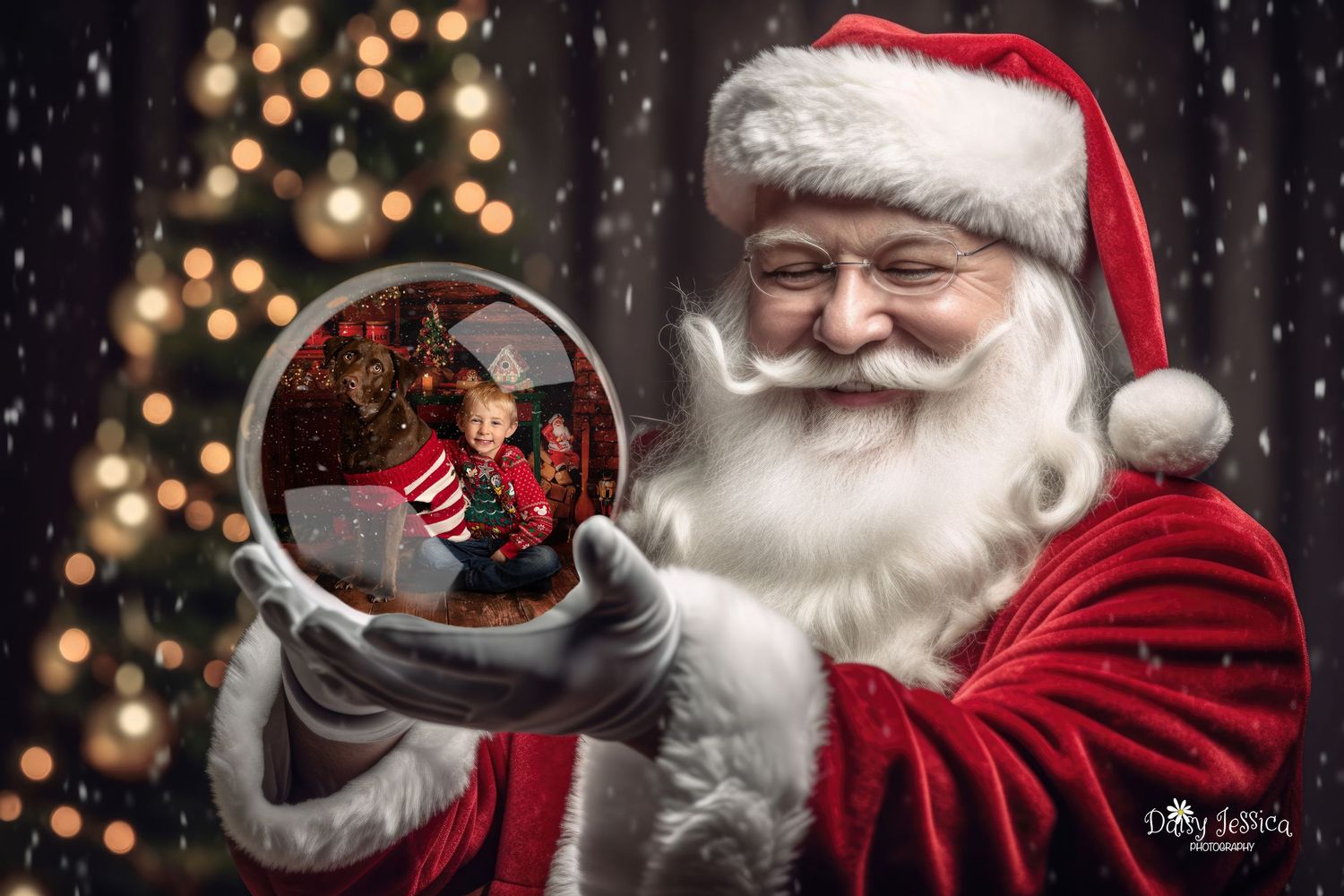A snow globe reflects festive holiday decorations in front of twinkling Christmas lights against a dark background.