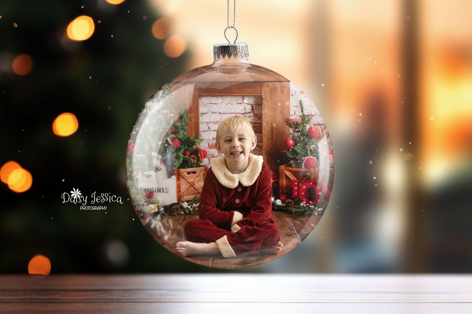 Festive Christmas ornament showing a holiday scene with red velvet dress against a bokeh light background.