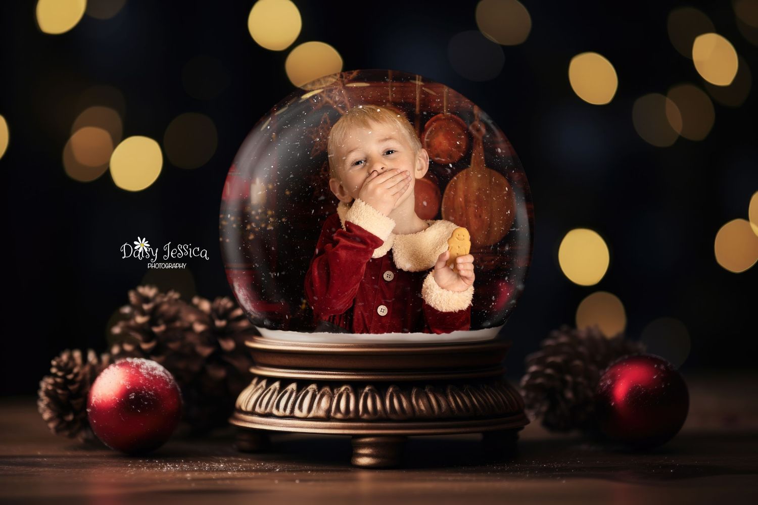 Snow globe with decorative holiday scene surrounded by pinecones and bokeh lights.
