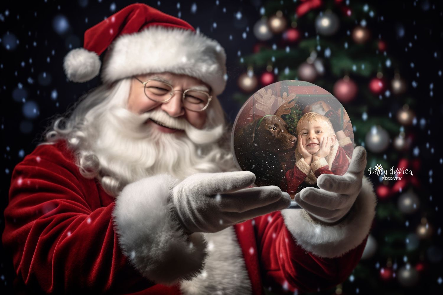 Santa Claus holding a magical snow globe with twinkling lights and decorated Christmas tree backdrop.