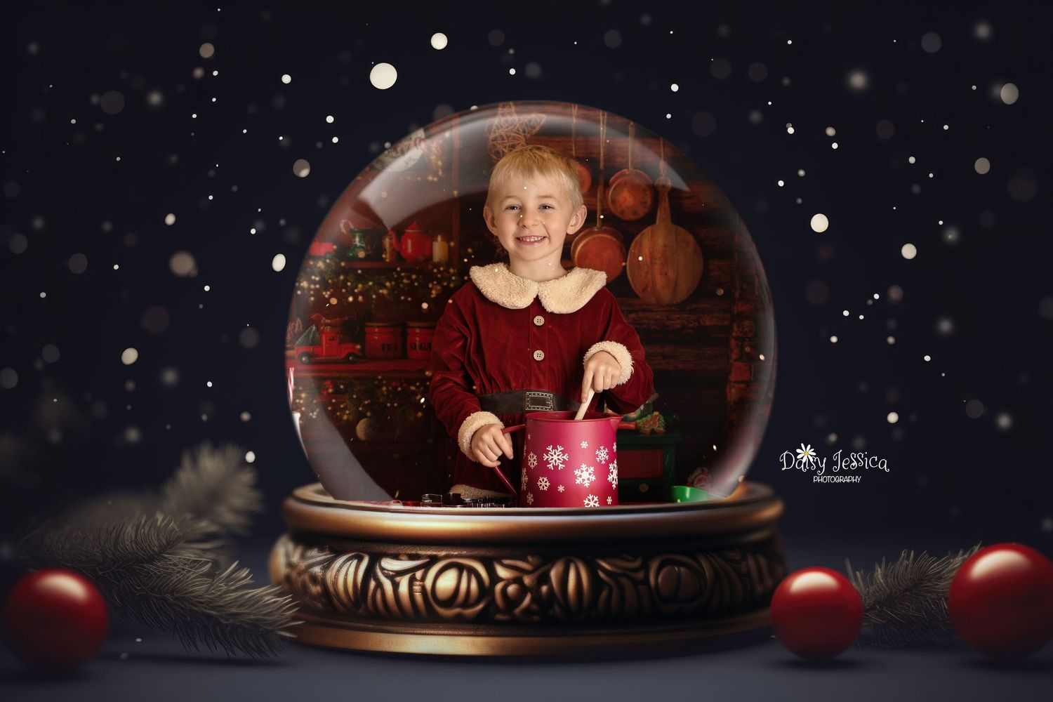 Magical snow globe scene with red decorative elements and holiday decor against dark starry background.