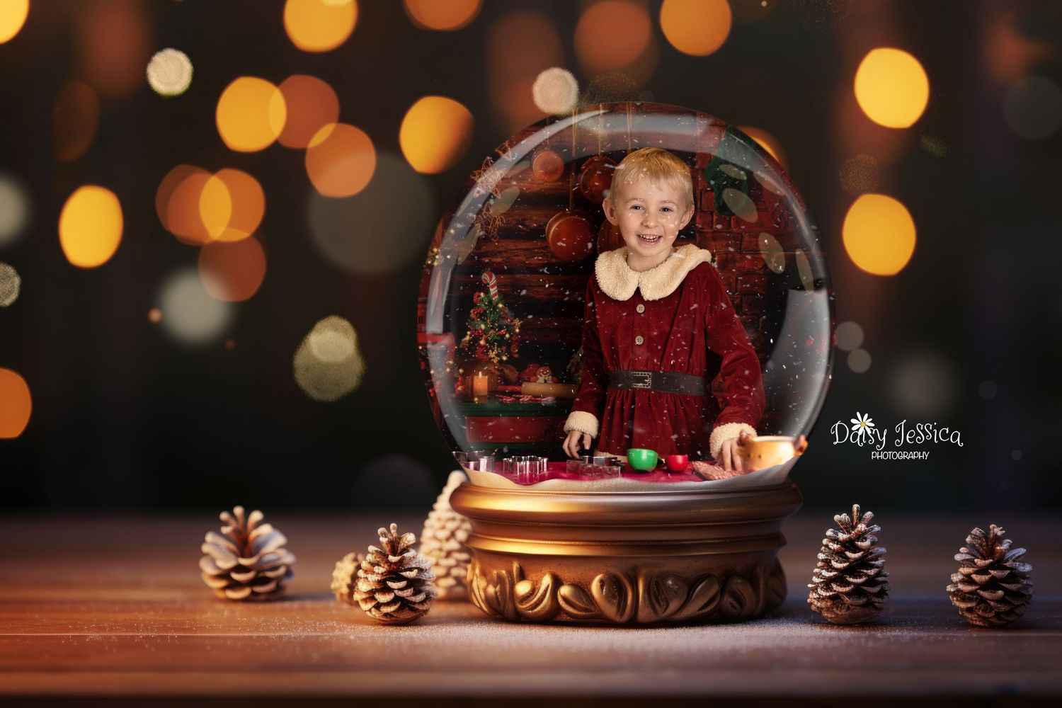 Decorative holiday snow globe with pine cones and warm bokeh lights in the background.