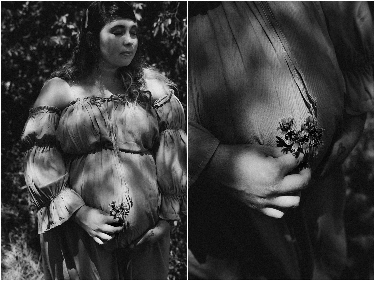 Black and white maternity photos with dramatic lighting and shadow play on a grey dress.