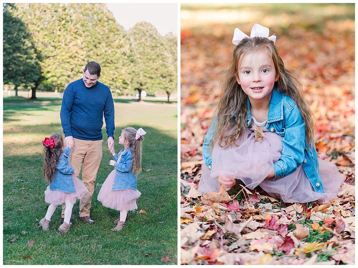 Dad with twin daughters in family photo session at Holliday Park Indianapolis Indiana fall leaves
