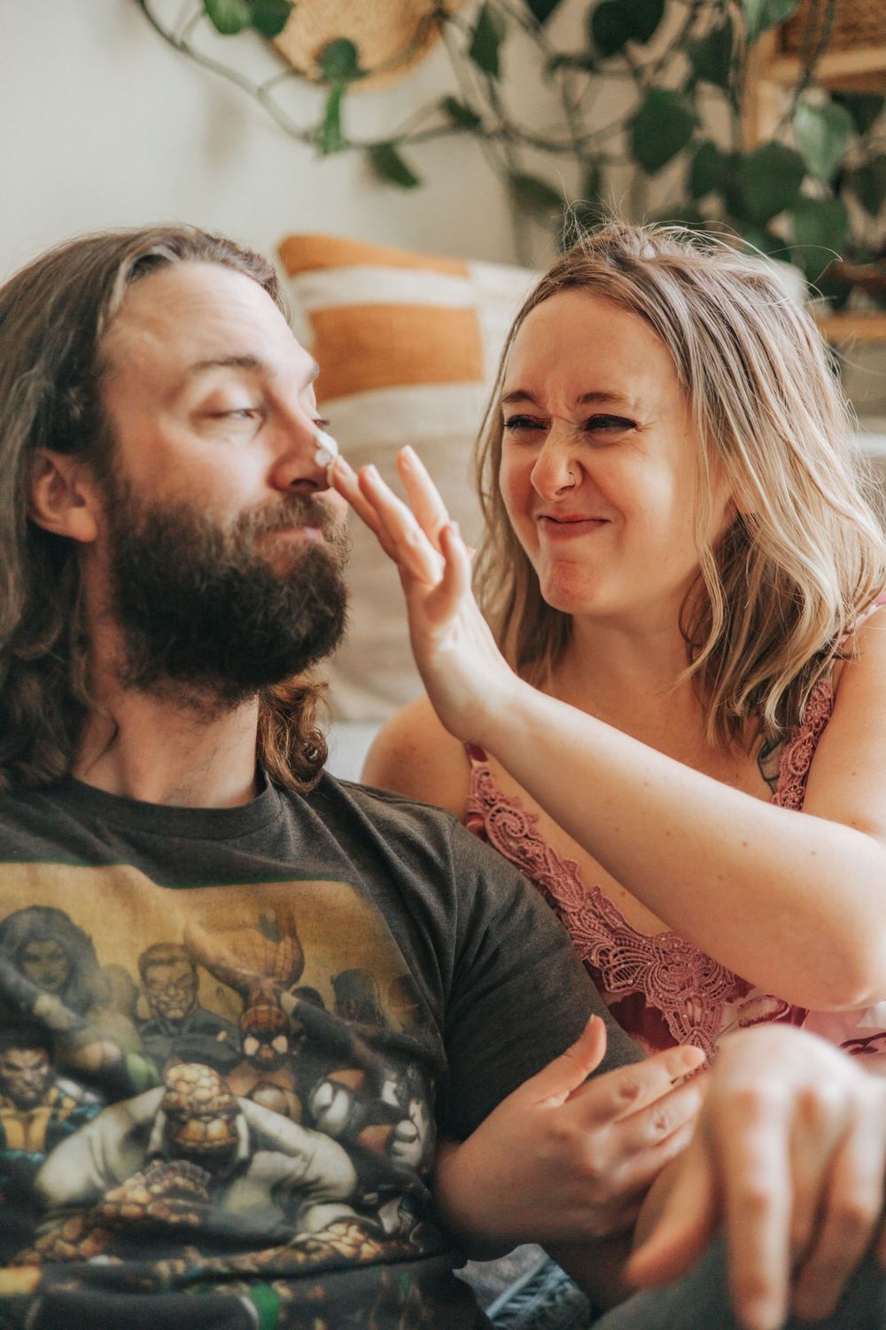 Fun Food Fight Couple In Home Portraits