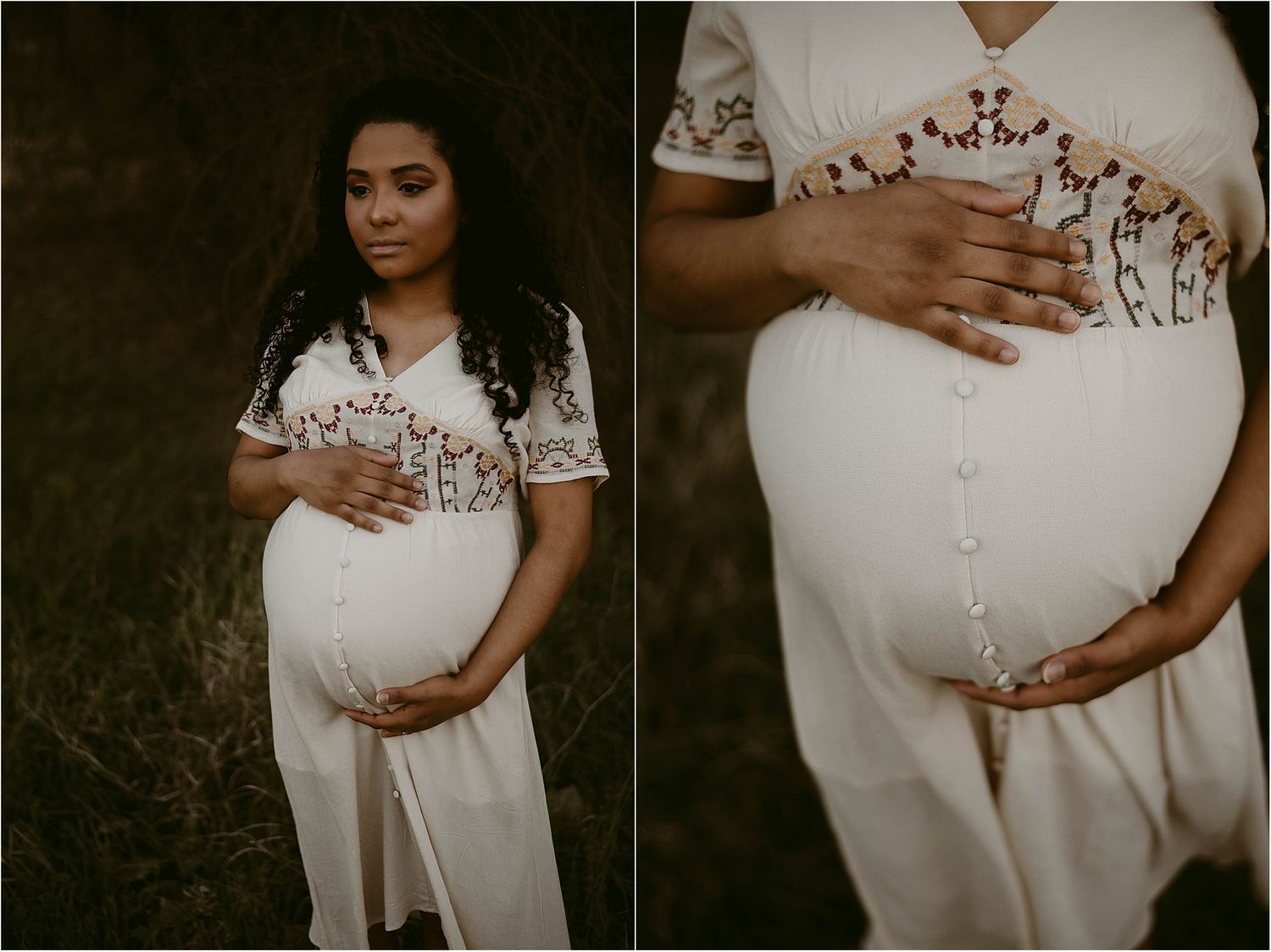 Close-up details of a white maternity dress with delicate embroidery and button accents.