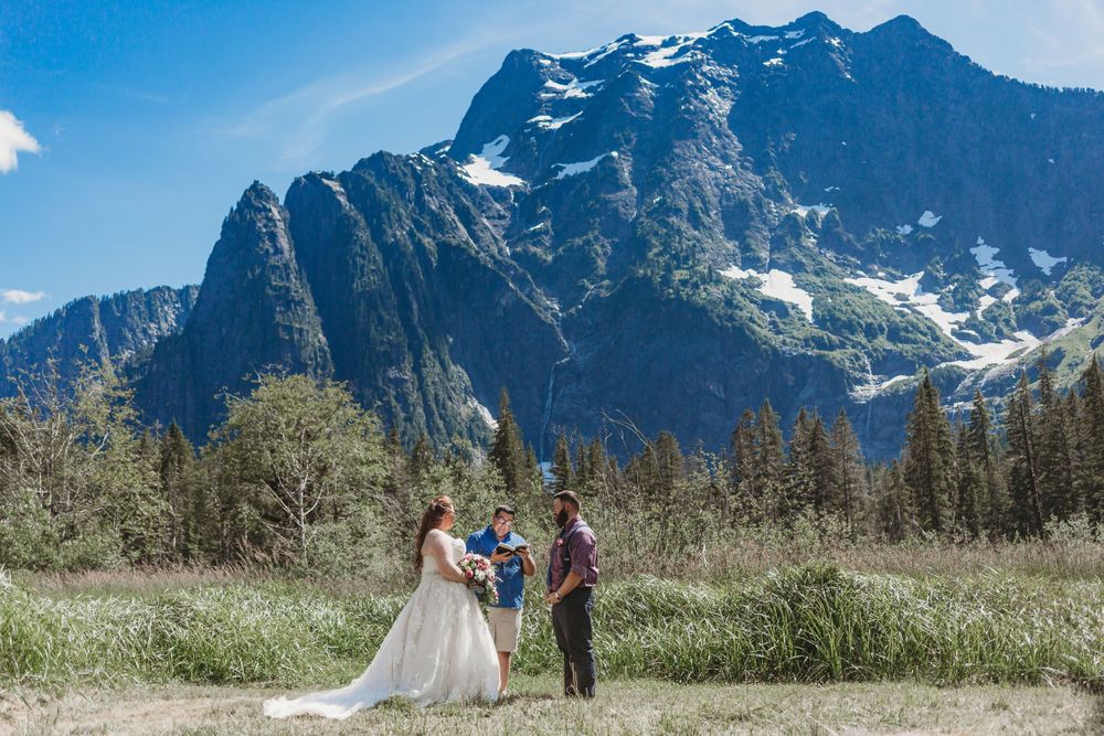 Bride and groom say their vows in a meadow in front of a very large mountain
