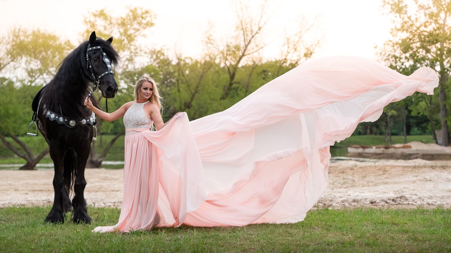 black friesian horse with model kelly j russo photography