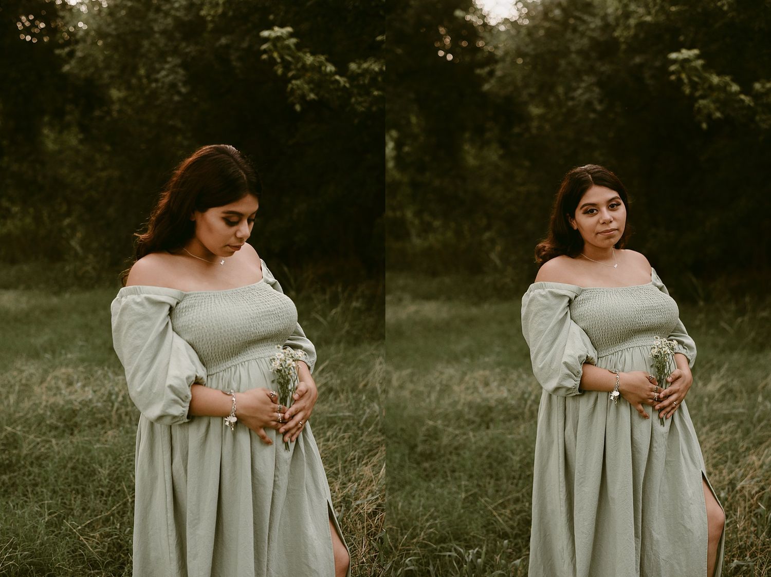Side-by-side portraits in a meadow showcase an ethereal light gray dress with gathered details.