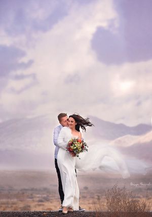 Wedding portrait with dramatic purple sky and mountains in desert landscape.