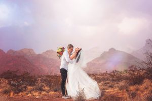 Desert mountain wedding photo with dramatic red rocks and flowing white dress.