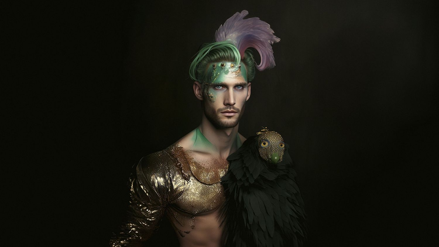 Dramatic portrait with green hair, feather accessory, and black bird companion.