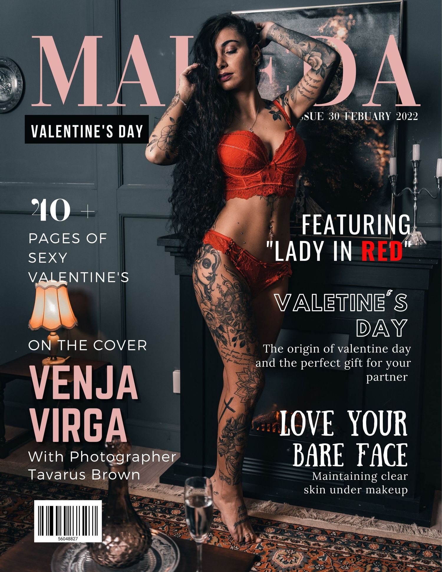 Magazine cover featuring a model in red lingerie with tattoos posing against a dark background.