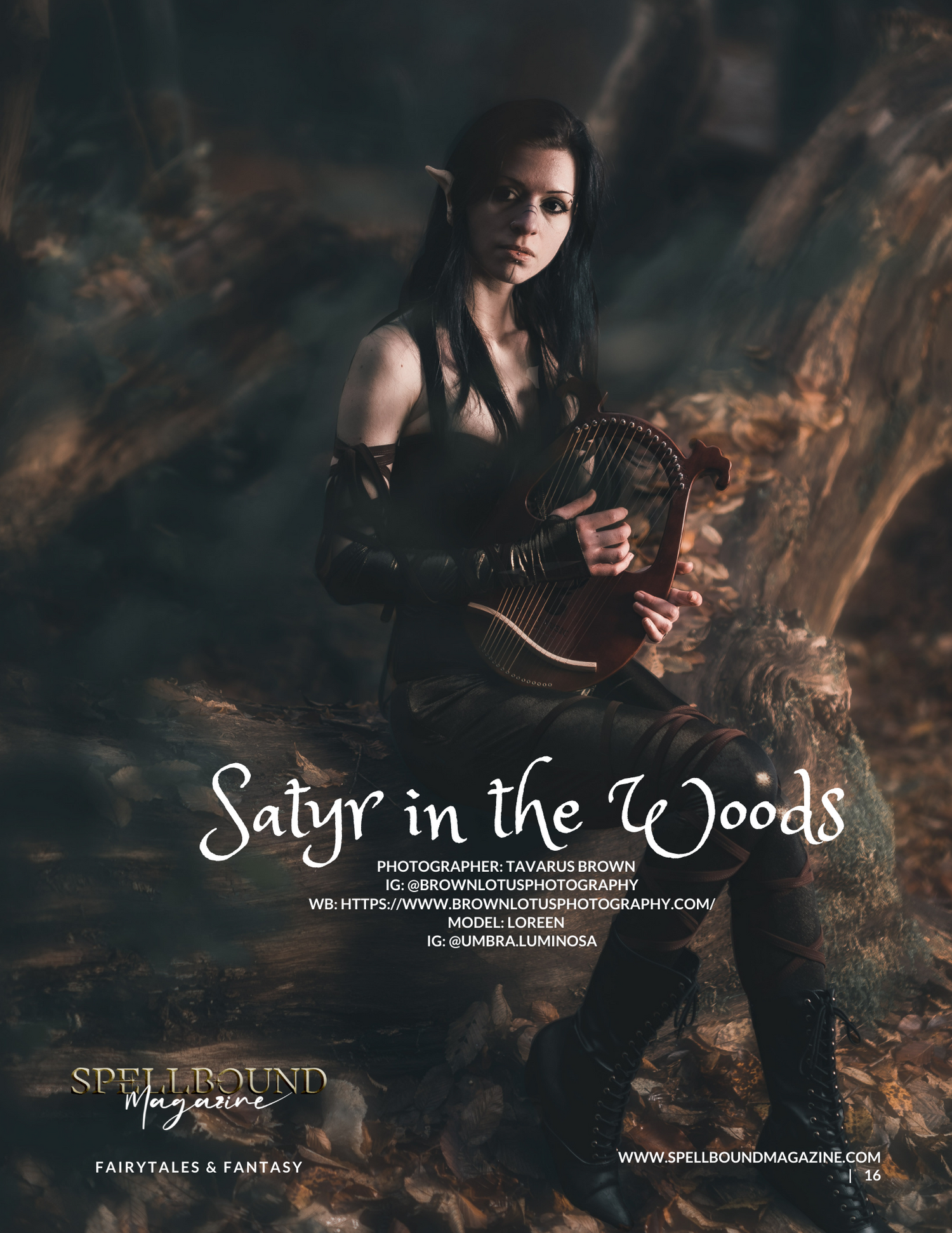 Fantasy-themed photoshoot in dark woods with medieval costume and prop styling.