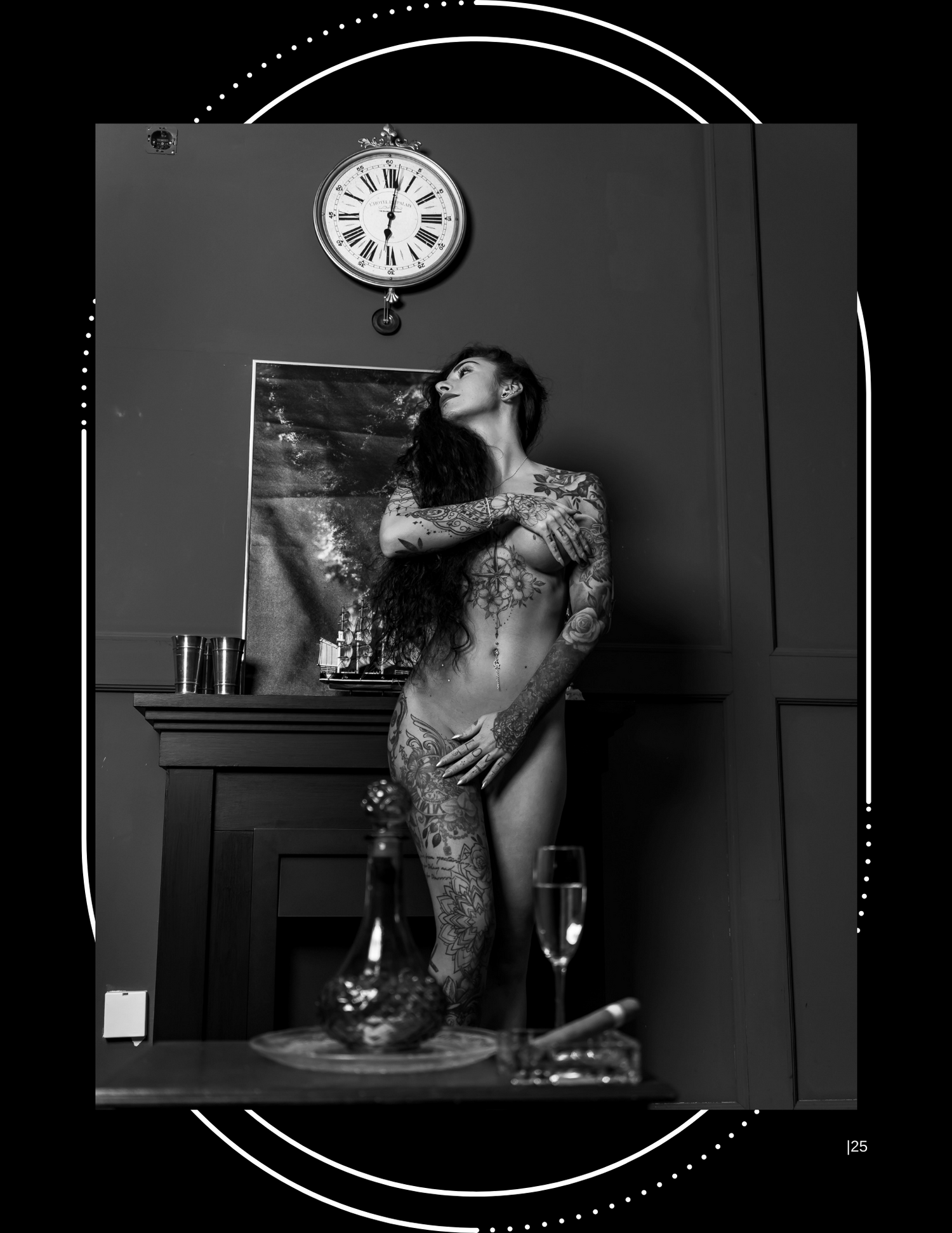 Dramatic black and white photo with vintage clock and fireplace creating moody atmosphere.