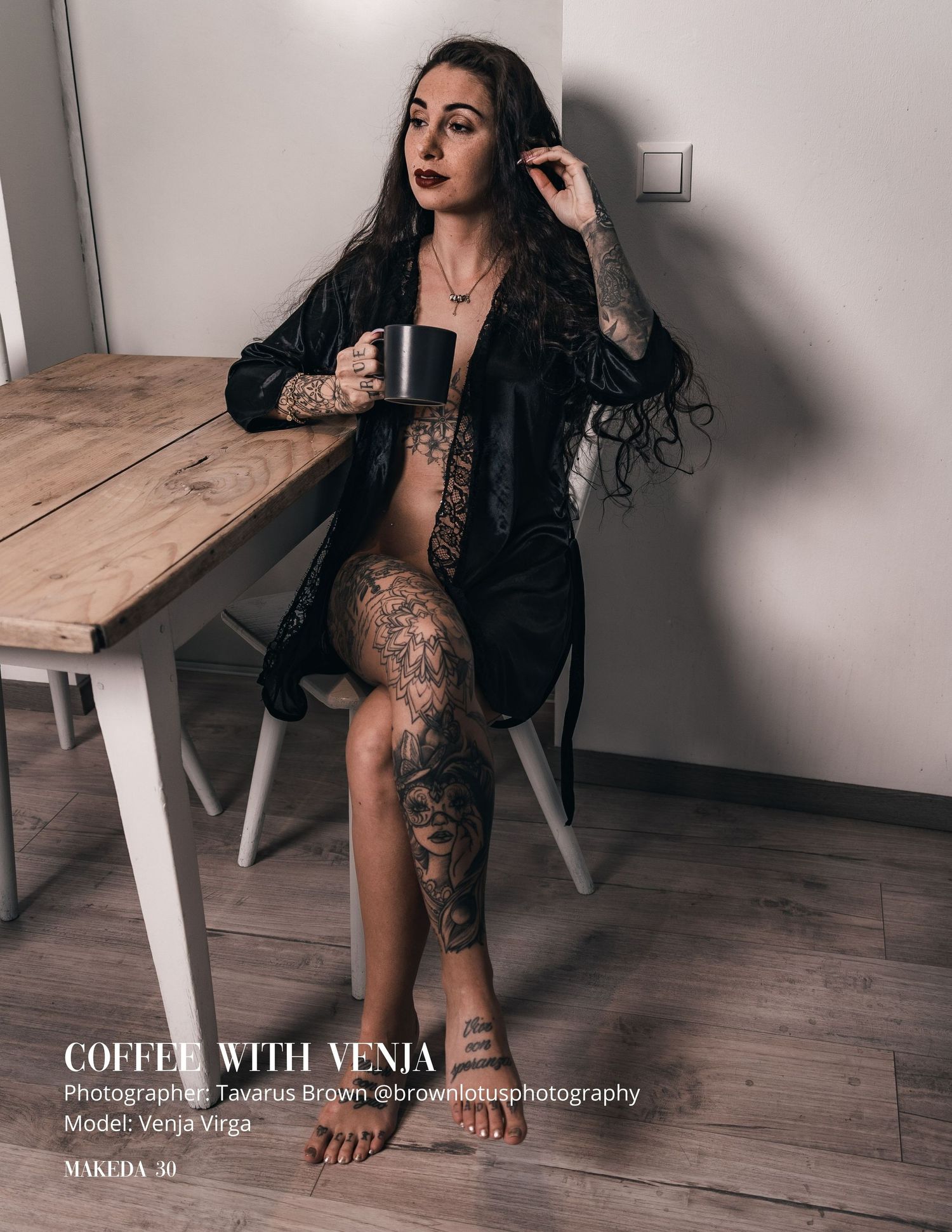 Lifestyle photo of coffee moment in casual home setting with wooden table.
