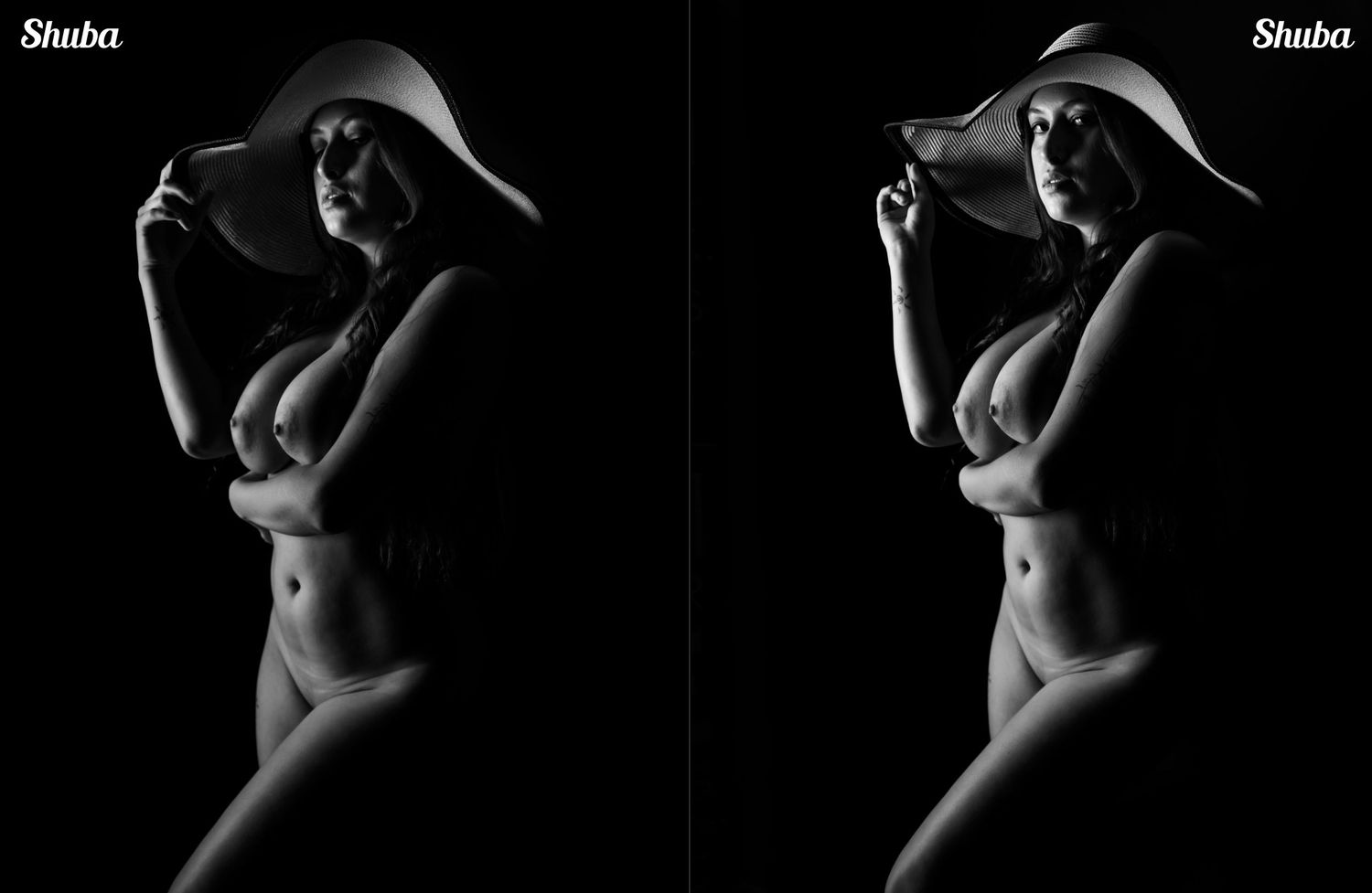 Artistic black and white fashion photography featuring dramatic lighting and hat silhouettes.