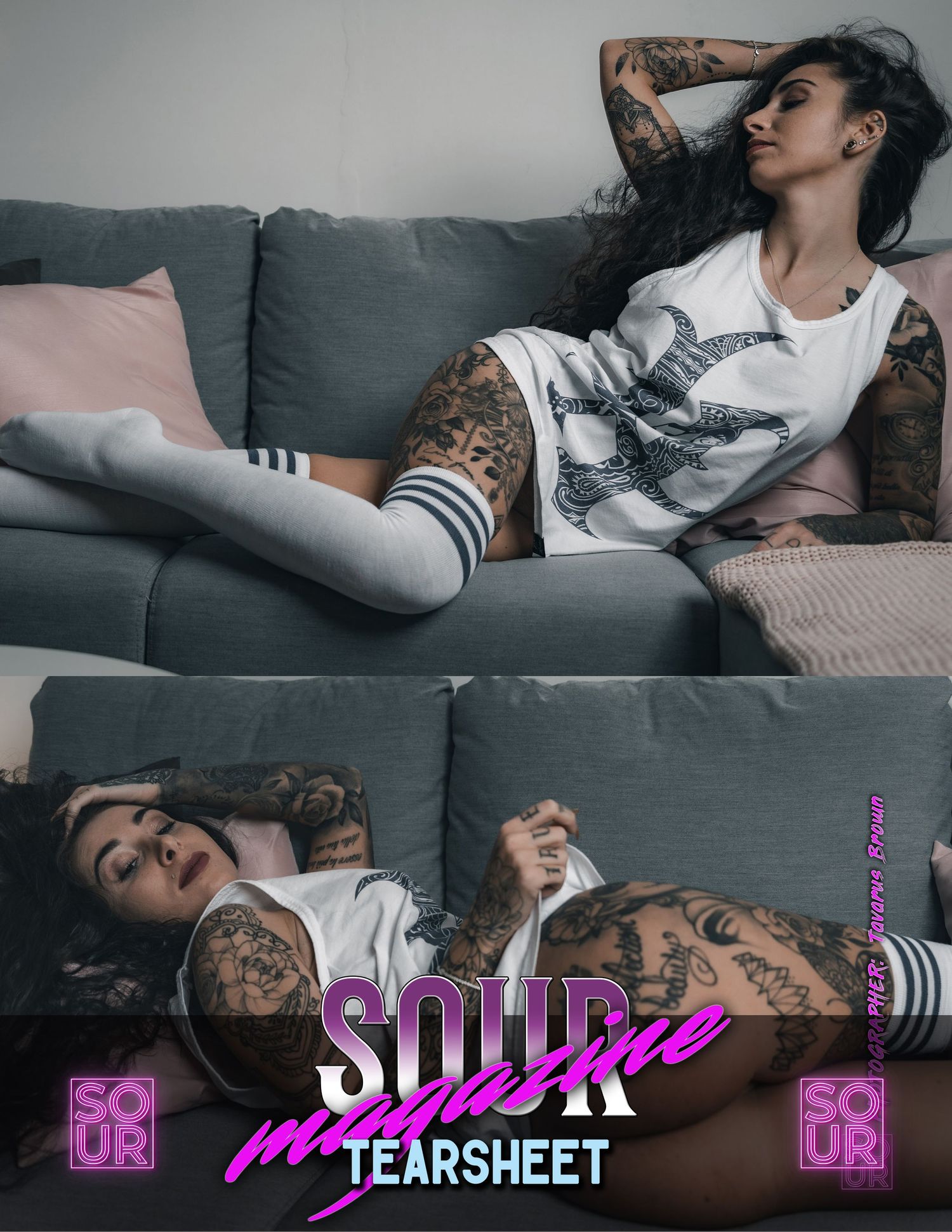 Editorial fashion photos of tattooed model lounging on grey sofa.