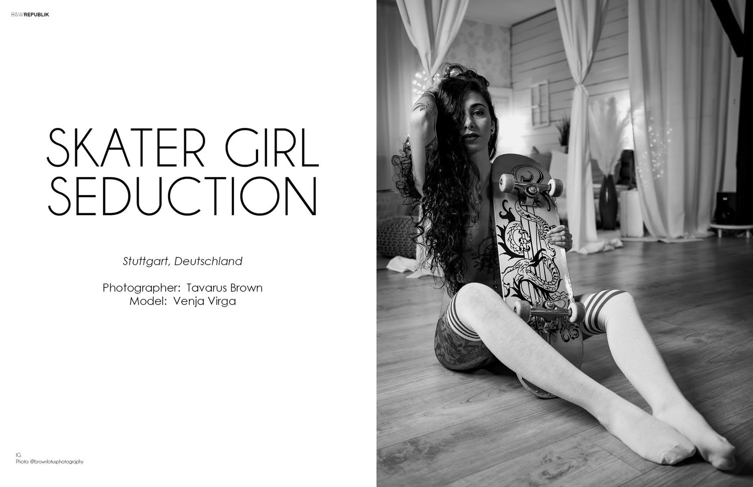 Magazine spread featuring 'Skater Girl Seduction' editorial photoshoot.