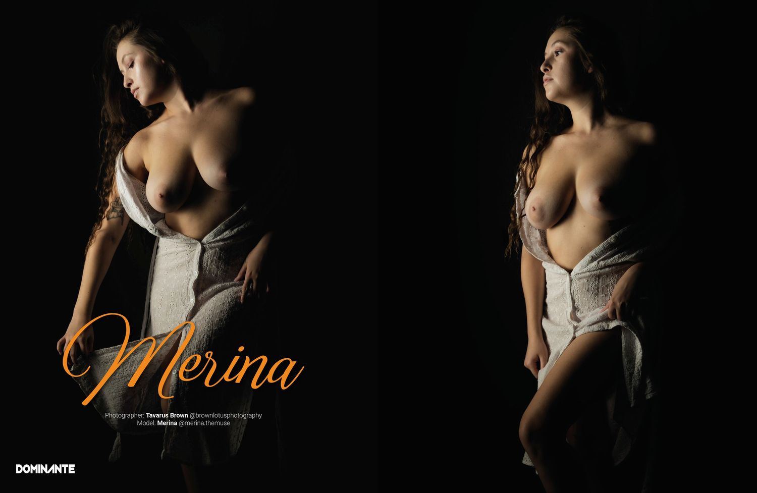 Artistic boudoir photo against dark background with dramatic lighting and draping white fabric.